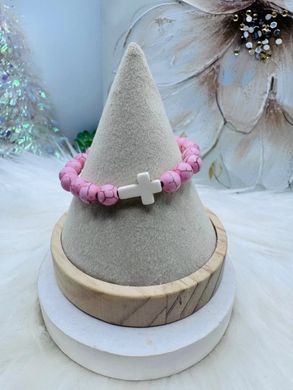 Pink Beaded Cross Bracelet for small wrist adults or teens